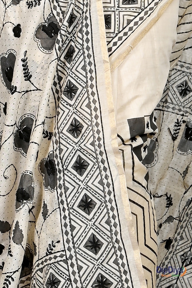 White Cotton Varitikath Kantha Stitch Saree (598)